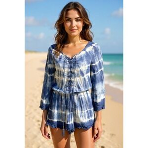 American Eagle Outfitters Romper Tie‎ Dye Blue White Bell Sleeve